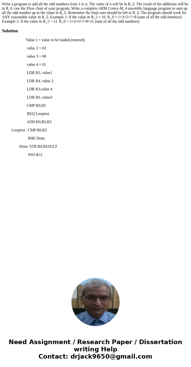 Write a program to add all the odd numbers from 1 to n. The value of n will be in R_5. The result of the additions will be in R_0. raw the Flow chart of your p  Write a program to add all the odd numbers from 1 to n. The value of n will be in R_5. The result of the additions will be in R_0. raw the Flow chart of your p