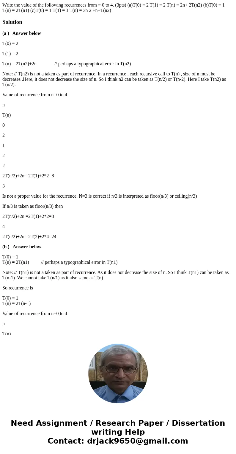 Write the value of the following recurrences from = 0 to 4. (3pts) (a)T(0) = 2 T(1) = 2 T(n) = 2n+ 2T(n2) (b)T(0) = 1 T(n) = 2T(n1) (c)T(0) = 1 T(1) = 1 T(n) =  Write the value of the following recurrences from = 0 to 4. (3pts) (a)T(0) = 2 T(1) = 2 T(n) = 2n+ 2T(n2) (b)T(0) = 1 T(n) = 2T(n1) (c)T(0) = 1 T(1) = 1 T(n) =