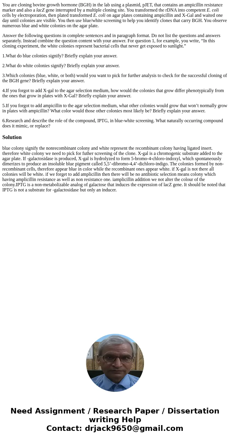 You are cloning bovine growth hormone (BGH) in the lab using a plasmid, pJET, that contains an ampicillin resistance marker and also a lacZ gene interrupted by  You are cloning bovine growth hormone (BGH) in the lab using a plasmid, pJET, that contains an ampicillin resistance marker and also a lacZ gene interrupted by