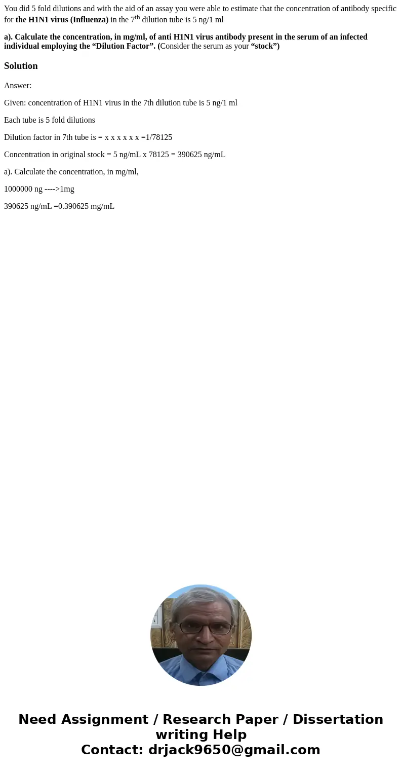 You did 5 fold dilutions and with the aid of an assay you were able to estimate that the concentration of antibody specific for the H1N1 virus (Influenza) in th You did 5 fold dilutions and with the aid of an assay you were able to estimate that the concentration of antibody specific for the H1N1 virus (Influenza) in th