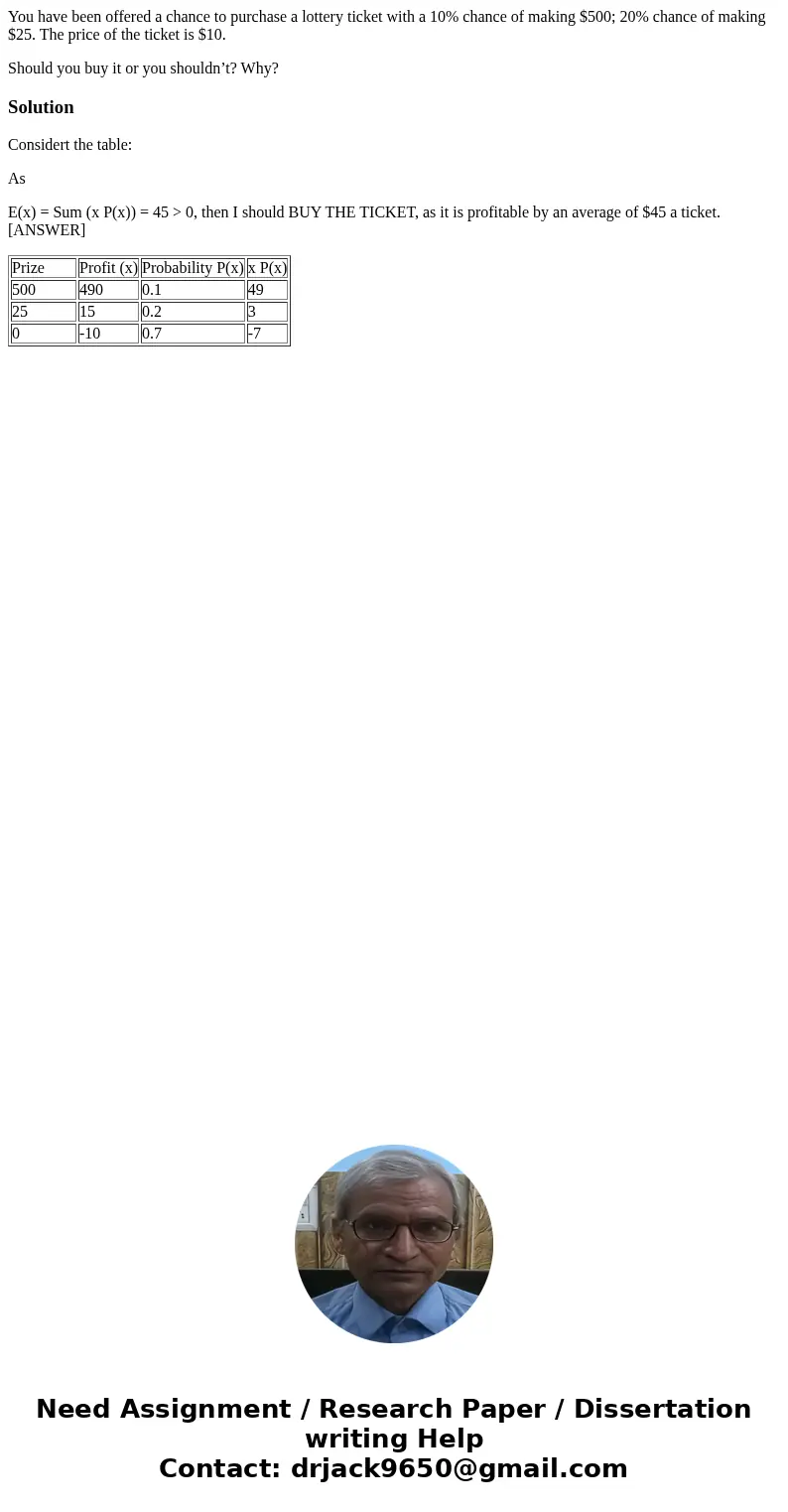 You have been offered a chance to purchase a lottery ticket with a 10% chance of making $500; 20% chance of making $25. The price of the ticket is $10. Should y You have been offered a chance to purchase a lottery ticket with a 10% chance of making $500; 20% chance of making $25. The price of the ticket is $10. Should y