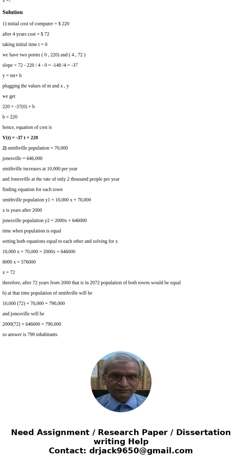 (1) A new computer monitor costs $220. The computer monitor\'s value depreciates linearly to $72 in 4 years time. Write a formula which expresses its value, V,  (1) A new computer monitor costs $220. The computer monitor\'s value depreciates linearly to $72 in 4 years time. Write a formula which expresses its value, V,