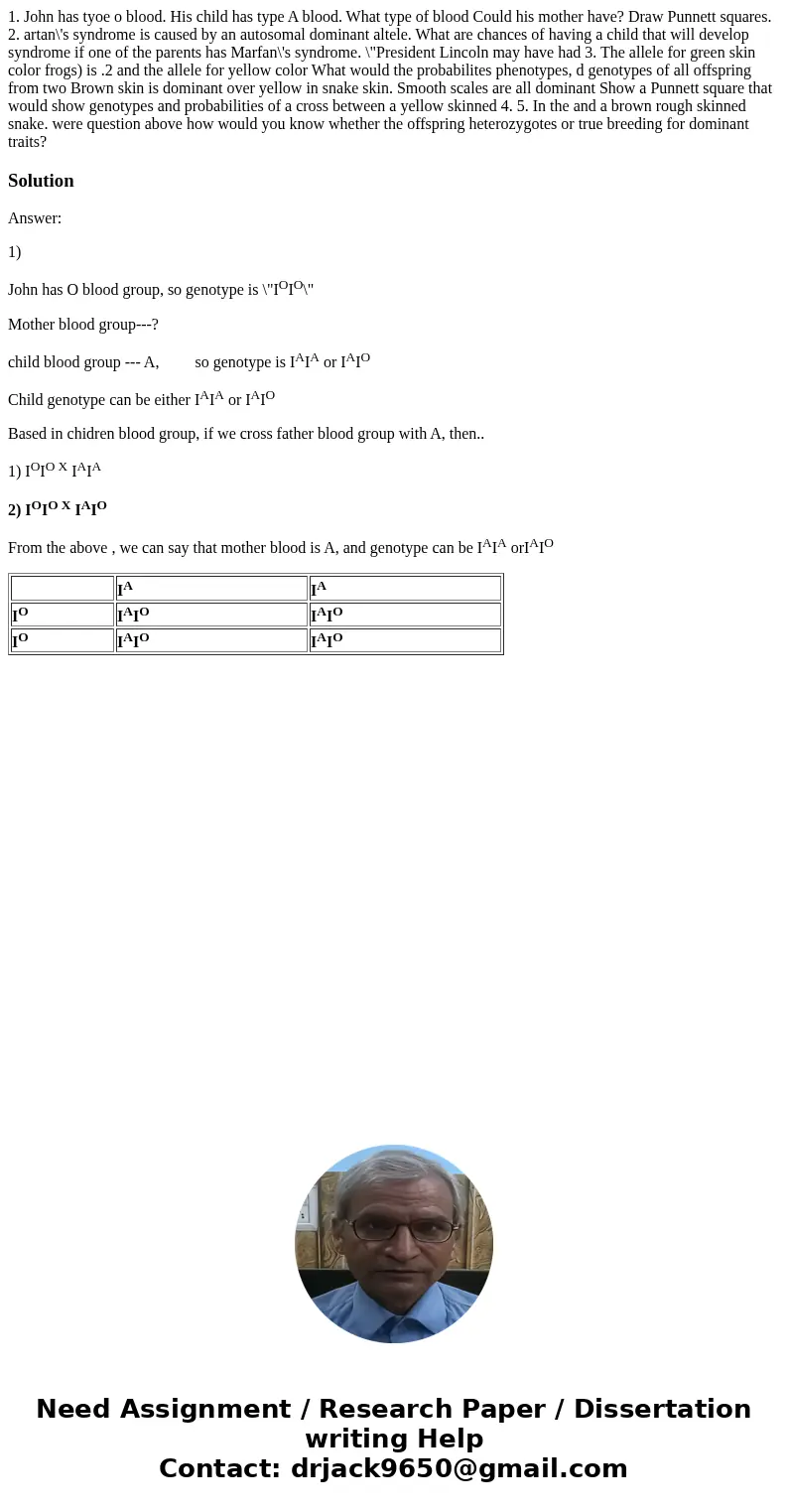 1. John has tyoe o blood. His child has type A blood. What type of blood Could his mother have? Draw Punnett squares. 2. artan\'s syndrome is caused by an auto  1. John has tyoe o blood. His child has type A blood. What type of blood Could his mother have? Draw Punnett squares. 2. artan\'s syndrome is caused by an auto