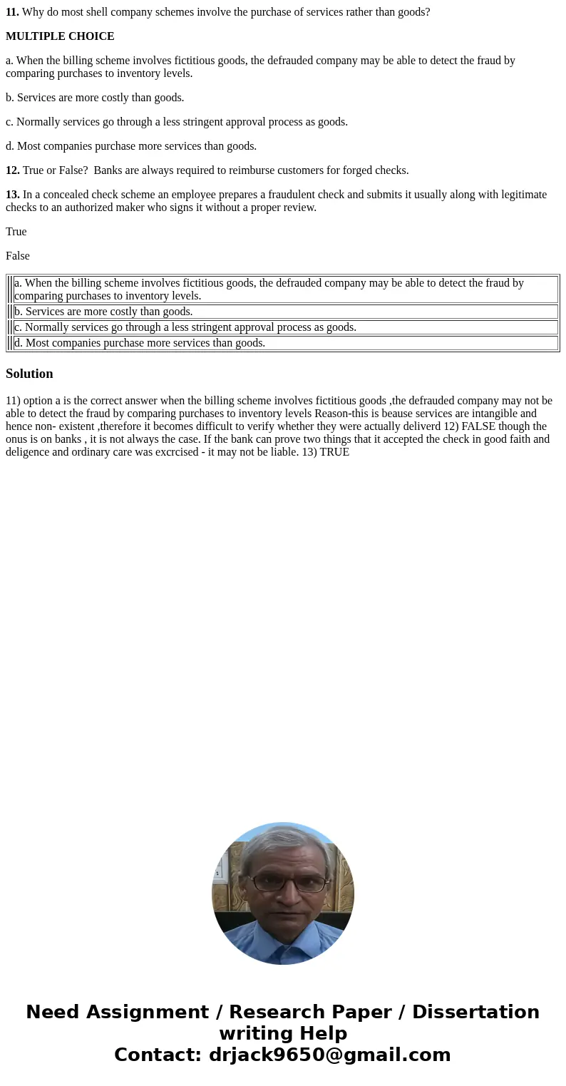 11. Why do most shell company schemes involve the purchase of services rather than goods? MULTIPLE CHOICE a. When the billing scheme involves fictitious goods,  11. Why do most shell company schemes involve the purchase of services rather than goods? MULTIPLE CHOICE a. When the billing scheme involves fictitious goods,