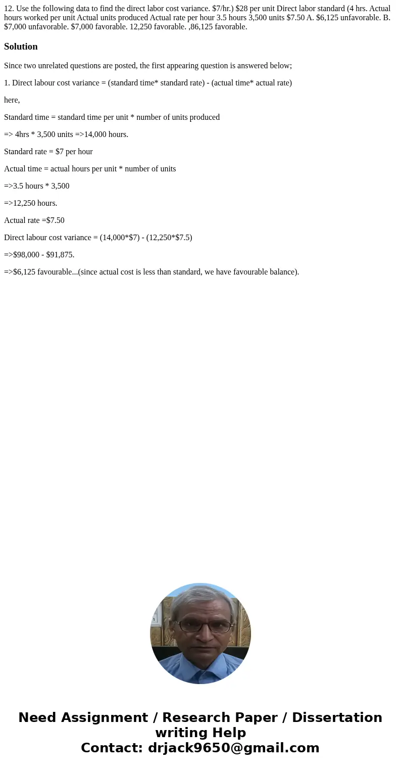 12. Use the following data to find the direct labor cost variance. $7/hr.) $28 per unit Direct labor standard (4 hrs. Actual hours worked per unit Actual units  12. Use the following data to find the direct labor cost variance. $7/hr.) $28 per unit Direct labor standard (4 hrs. Actual hours worked per unit Actual units