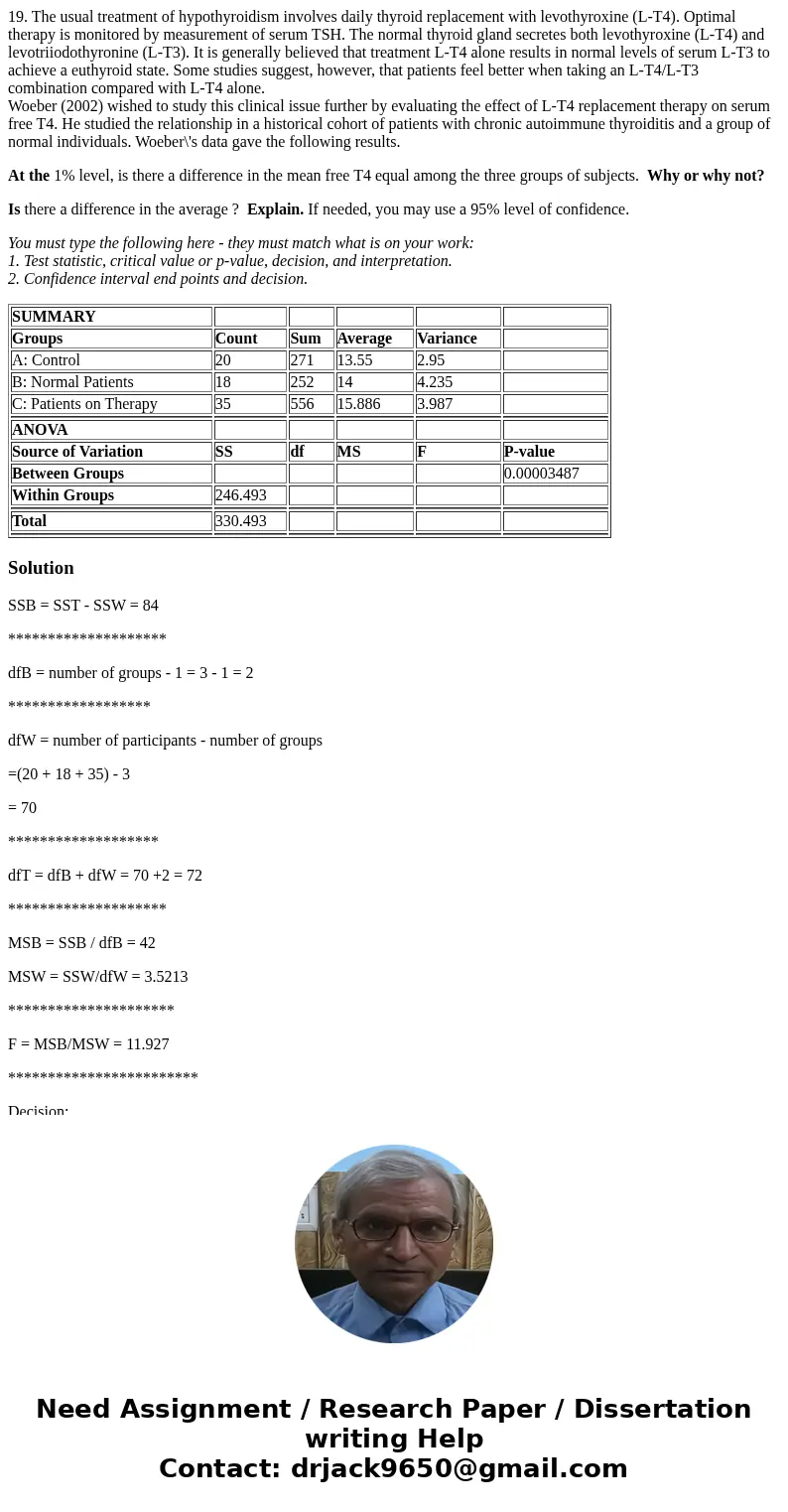 19. The usual treatment of hypothyroidism involves daily thyroid replacement with levothyroxine (L-T4). Optimal therapy is monitored by measurement of serum TSH