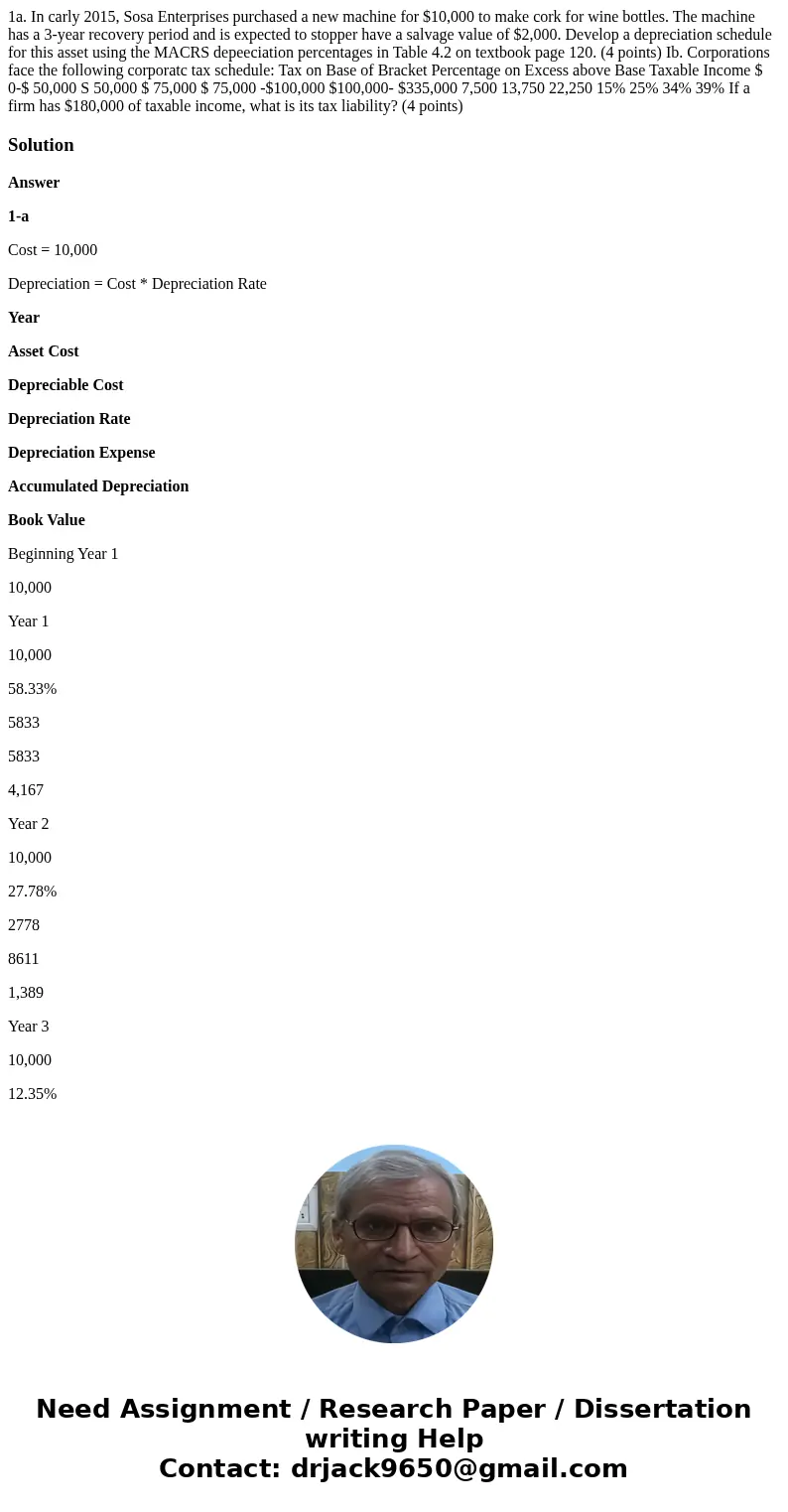 1a. In carly 2015, Sosa Enterprises purchased a new machine for $10,000 to make cork for wine bottles. The machine has a 3-year recovery period and is expected  1a. In carly 2015, Sosa Enterprises purchased a new machine for $10,000 to make cork for wine bottles. The machine has a 3-year recovery period and is expected