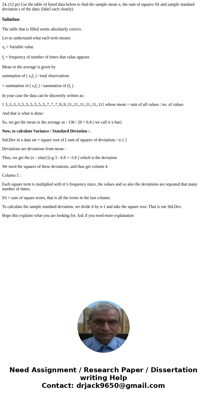 24, (12 pt) Use the table of listed data below to find the sample mean x, the sum of squares SS and sample standard deviation s of the data: (label each clearl  24, (12 pt) Use the table of listed data below to find the sample mean x, the sum of squares SS and sample standard deviation s of the data: (label each clearl