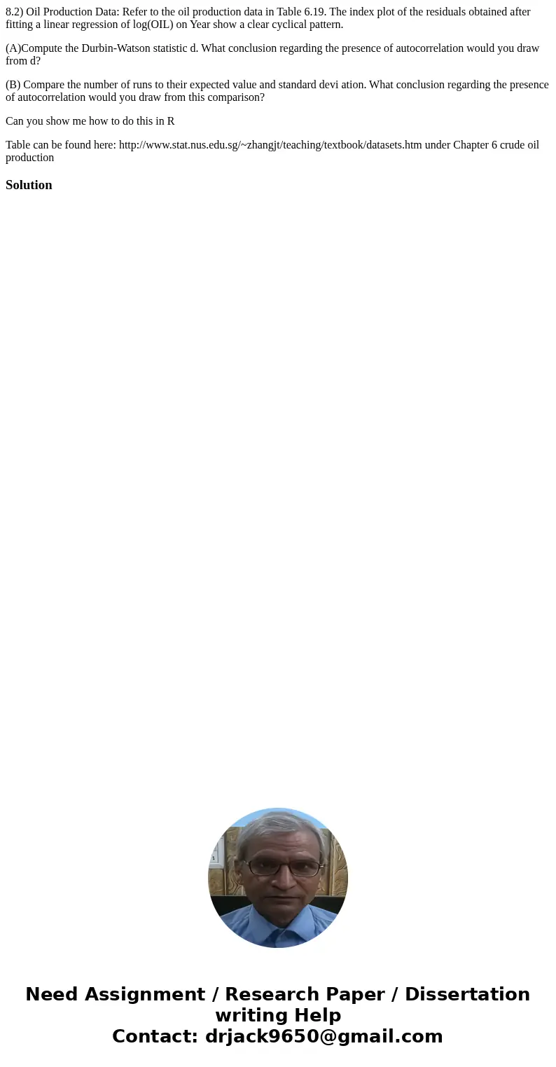 8.2) Oil Production Data: Refer to the oil production data in Table 6.19. The index plot of the residuals obtained after fitting a linear regression of log(OIL) 8.2) Oil Production Data: Refer to the oil production data in Table 6.19. The index plot of the residuals obtained after fitting a linear regression of log(OIL)