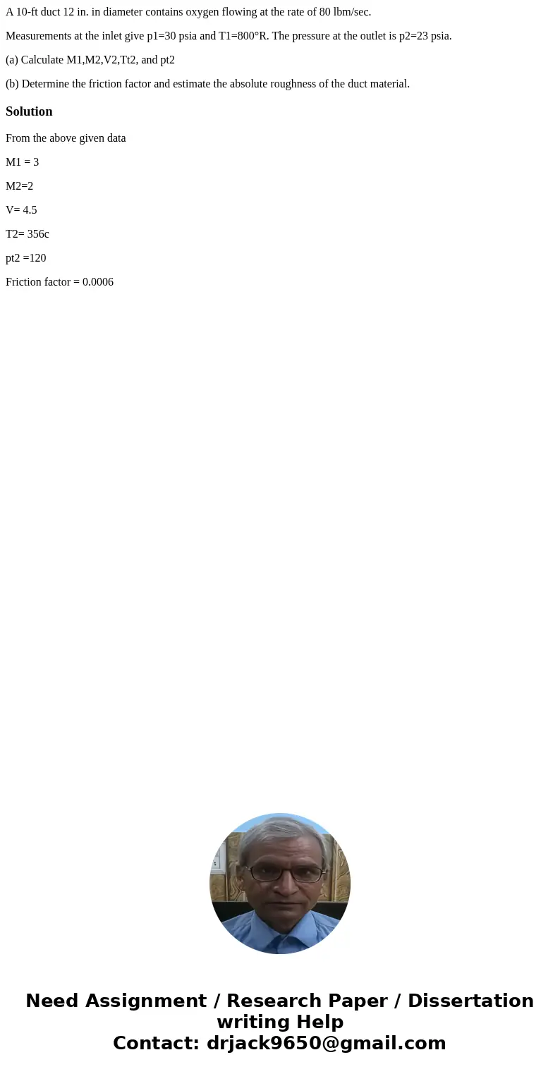 A 10-ft duct 12 in. in diameter contains oxygen flowing at the rate of 80 lbm/sec. Measurements at the inlet give p1=30 psia and T1=800°R. The pressure at the o A 10-ft duct 12 in. in diameter contains oxygen flowing at the rate of 80 lbm/sec. Measurements at the inlet give p1=30 psia and T1=800°R. The pressure at the o