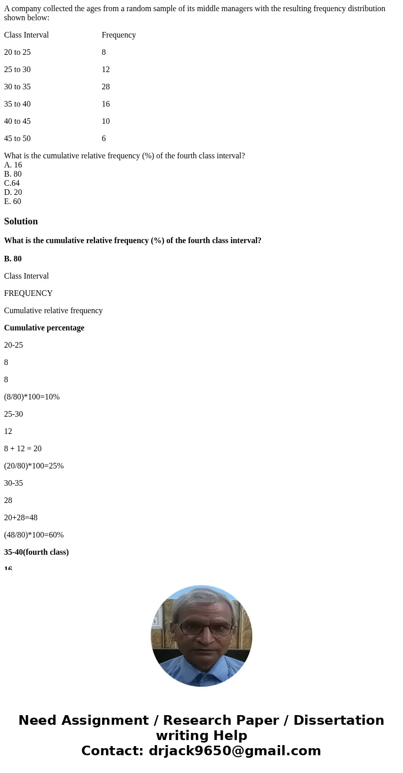 A company collected the ages from a random sample of its middle managers with the resulting frequency distribution shown below: Class Interval Frequency 20 to 2 A company collected the ages from a random sample of its middle managers with the resulting frequency distribution shown below: Class Interval Frequency 20 to 2