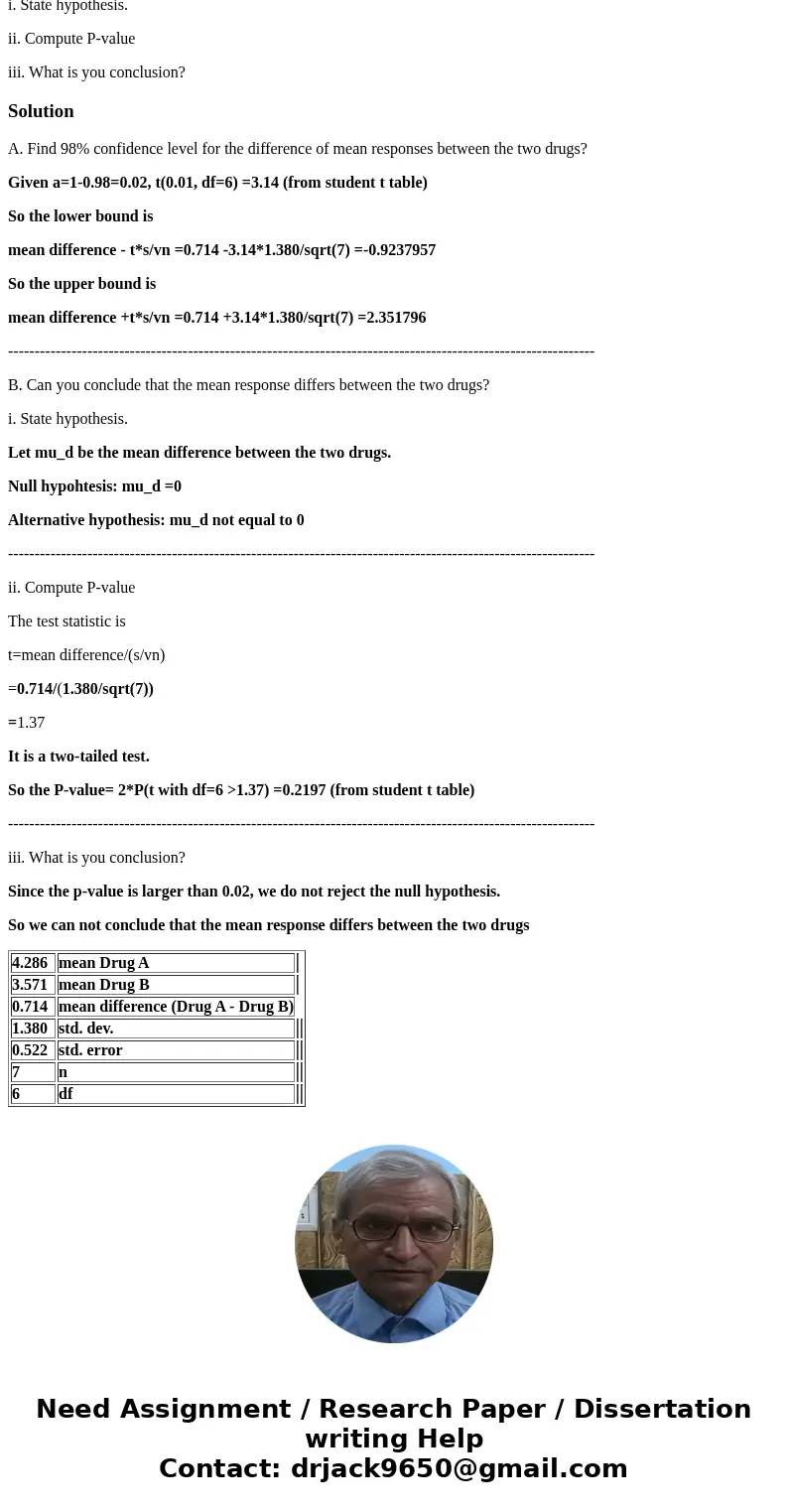 A crossove trail is a type of experiment used to compare two drugs. Subject take one drug for a period of time, then switch to the other. The responses of the s