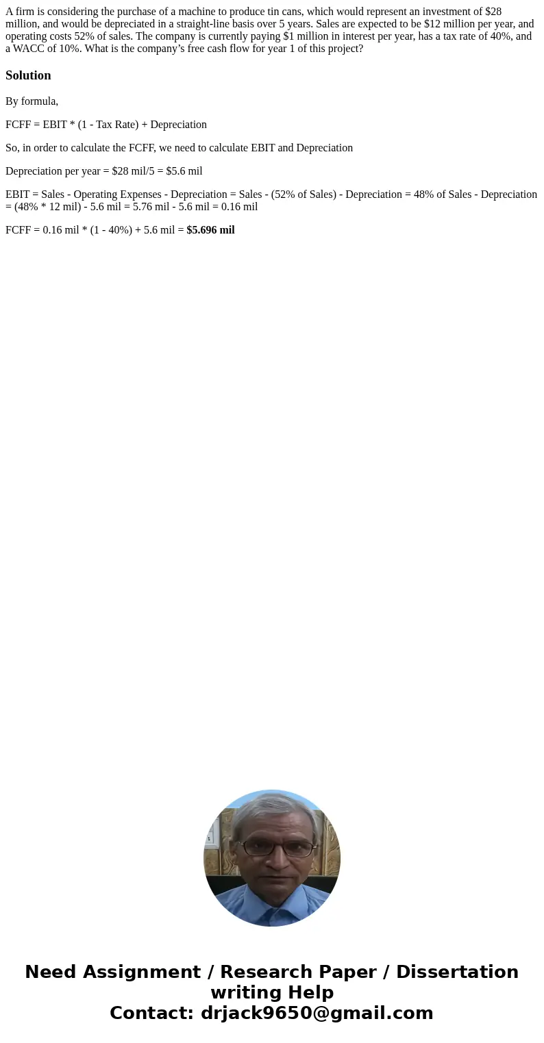 A firm is considering the purchase of a machine to produce tin cans, which would represent an investment of $28 million, and would be depreciated in a straight- A firm is considering the purchase of a machine to produce tin cans, which would represent an investment of $28 million, and would be depreciated in a straight-