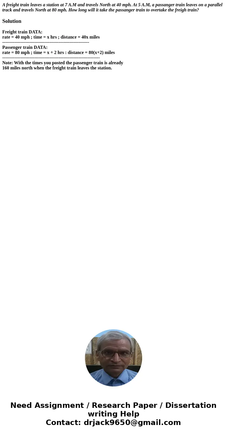 A freight train leaves a station at 7 A.M and travels North at 40 mph. At 5 A.M, a passanger train leaves on a parallel track and travels North at 80 mph. How l A freight train leaves a station at 7 A.M and travels North at 40 mph. At 5 A.M, a passanger train leaves on a parallel track and travels North at 80 mph. How l