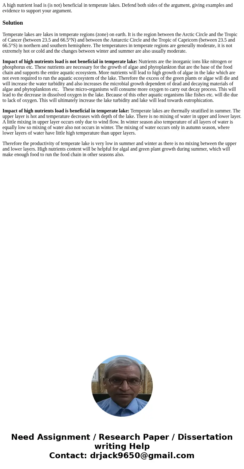 A high nutrient load is (is not) beneficial in temperate lakes. Defend both sides of the argument, giving examples and evidence to support your argument.Solutio