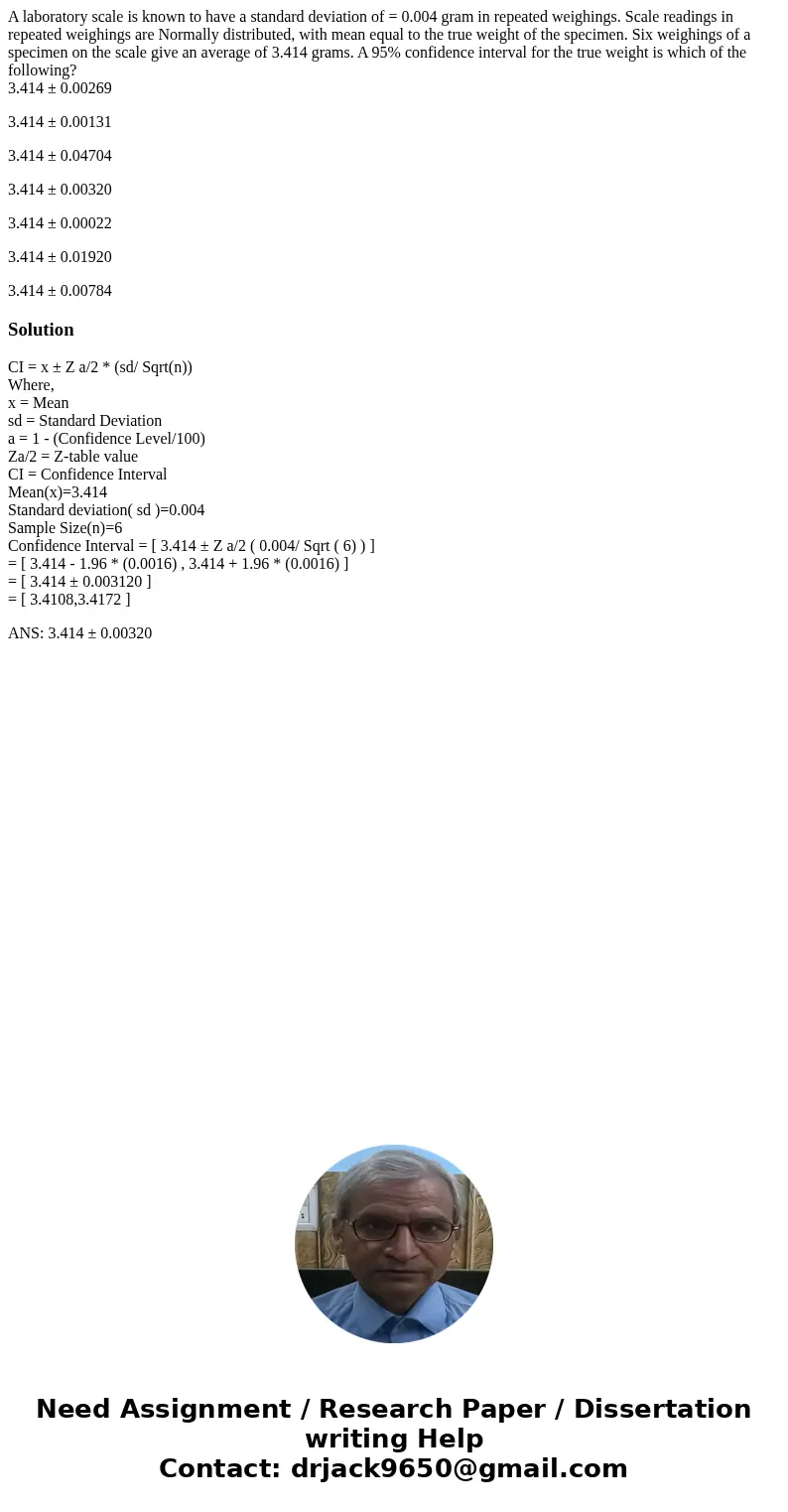 A laboratory scale is known to have a standard deviation of = 0.004 gram in repeated weighings. Scale readings in repeated weighings are Normally distributed, w A laboratory scale is known to have a standard deviation of = 0.004 gram in repeated weighings. Scale readings in repeated weighings are Normally distributed, w