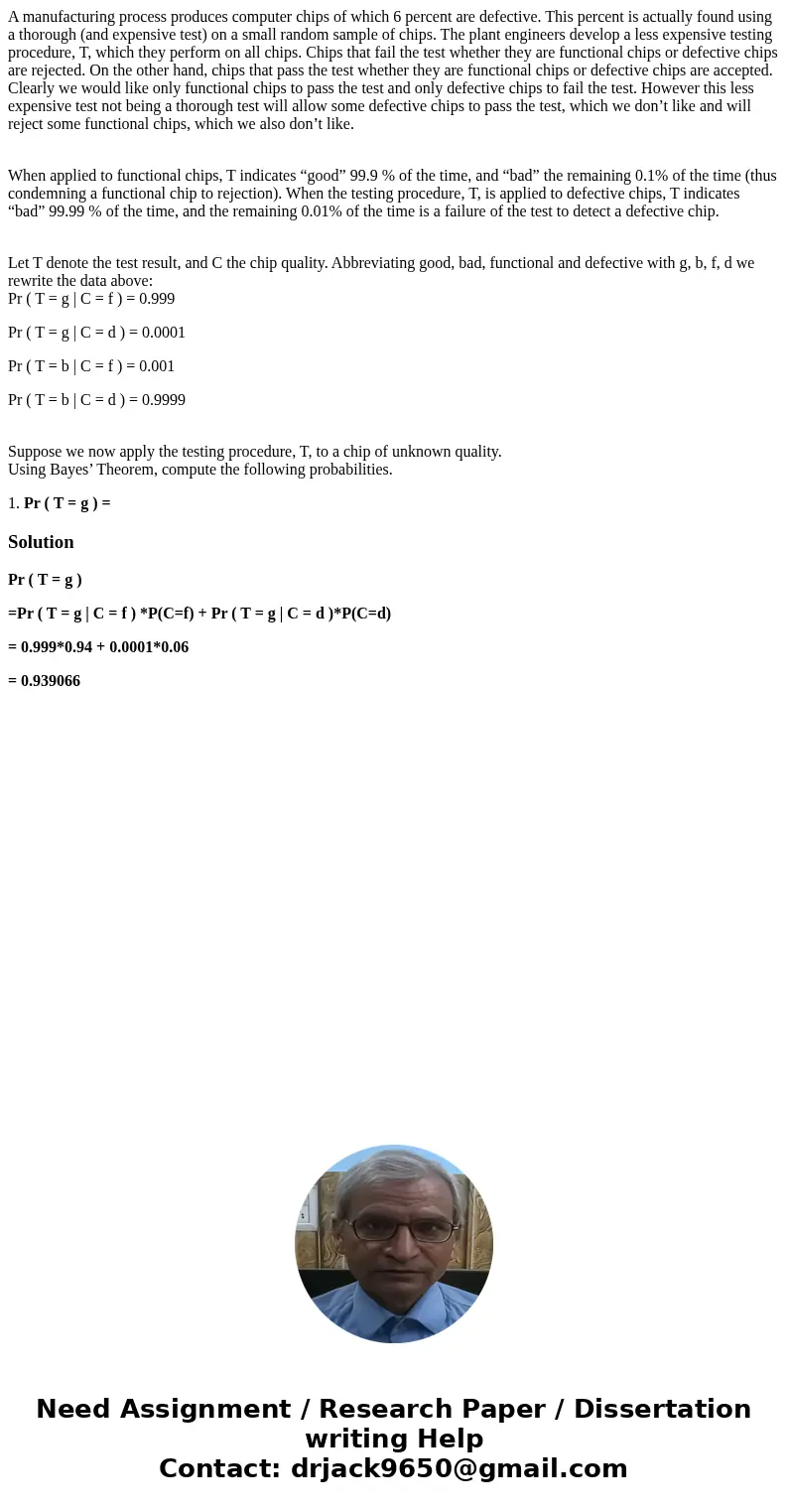 A manufacturing process produces computer chips of which 6 percent are defective. This percent is actually found using a thorough (and expensive test) on a smal A manufacturing process produces computer chips of which 6 percent are defective. This percent is actually found using a thorough (and expensive test) on a smal