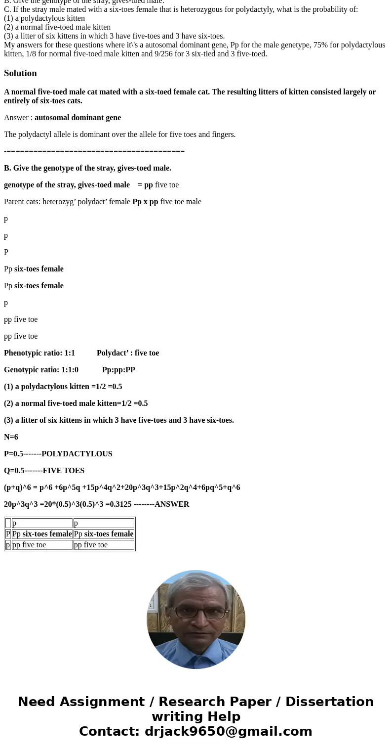 A normal five-toed male cat mated with a six-toed female cat. The resulting litters of kitten consisted largely or entirely of six-toes cats. A. What does this 