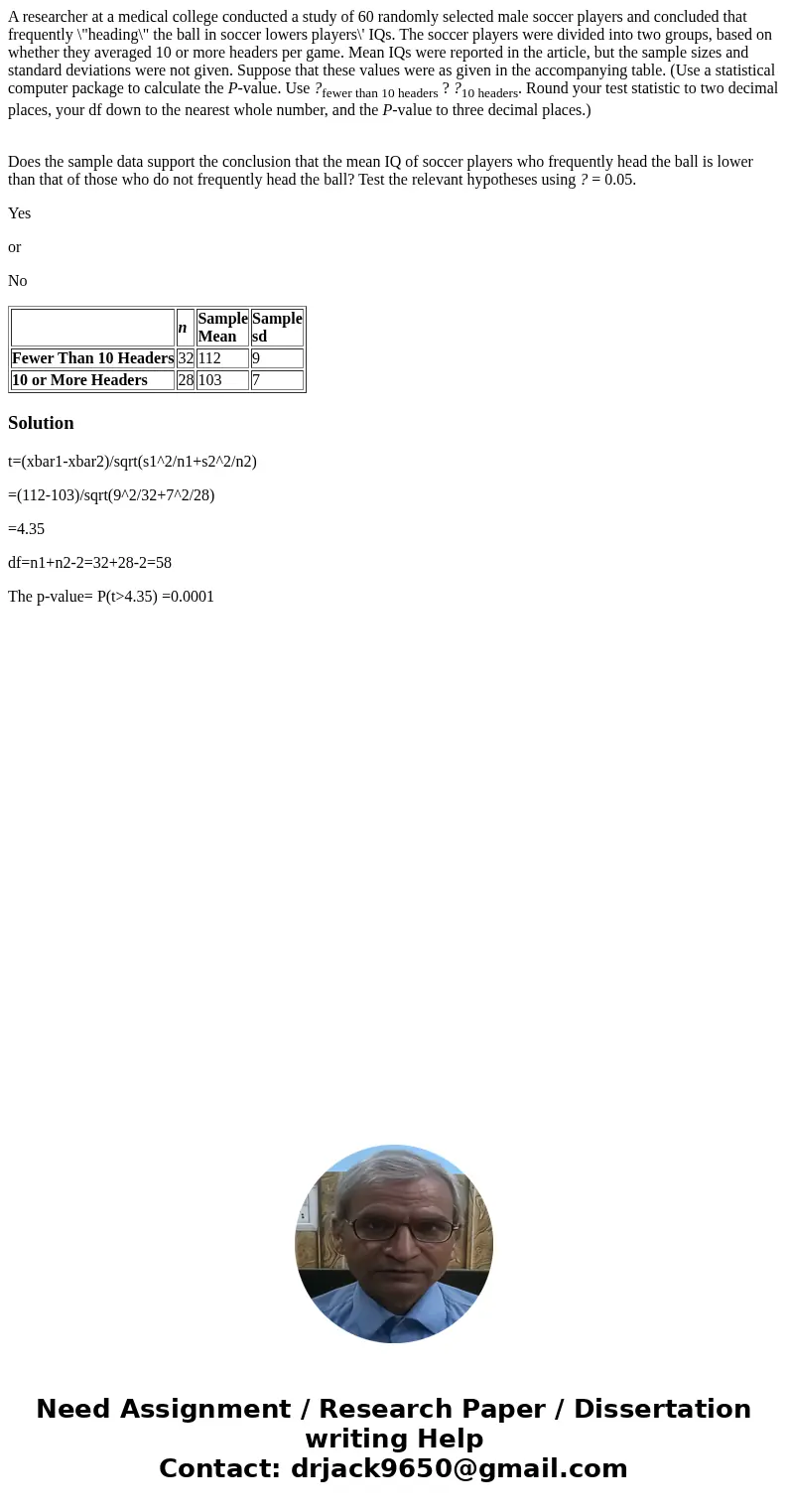 A researcher at a medical college conducted a study of 60 randomly selected male soccer players and concluded that frequently \ A researcher at a medical college conducted a study of 60 randomly selected male soccer players and concluded that frequently \