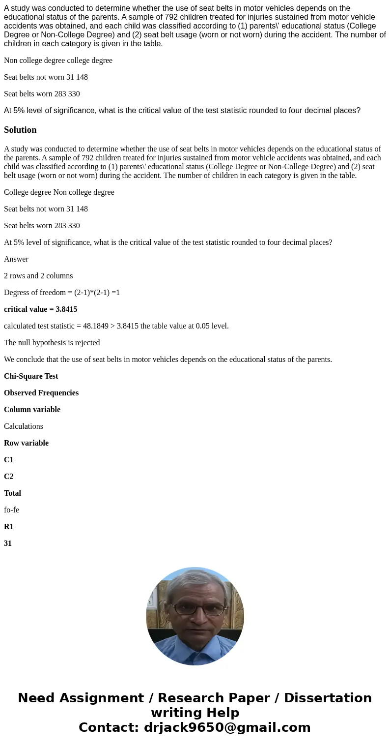  A study was conducted to determine whether the use of seat belts in motor vehicles depends on the educational status of the parents. A sample of 792 children t