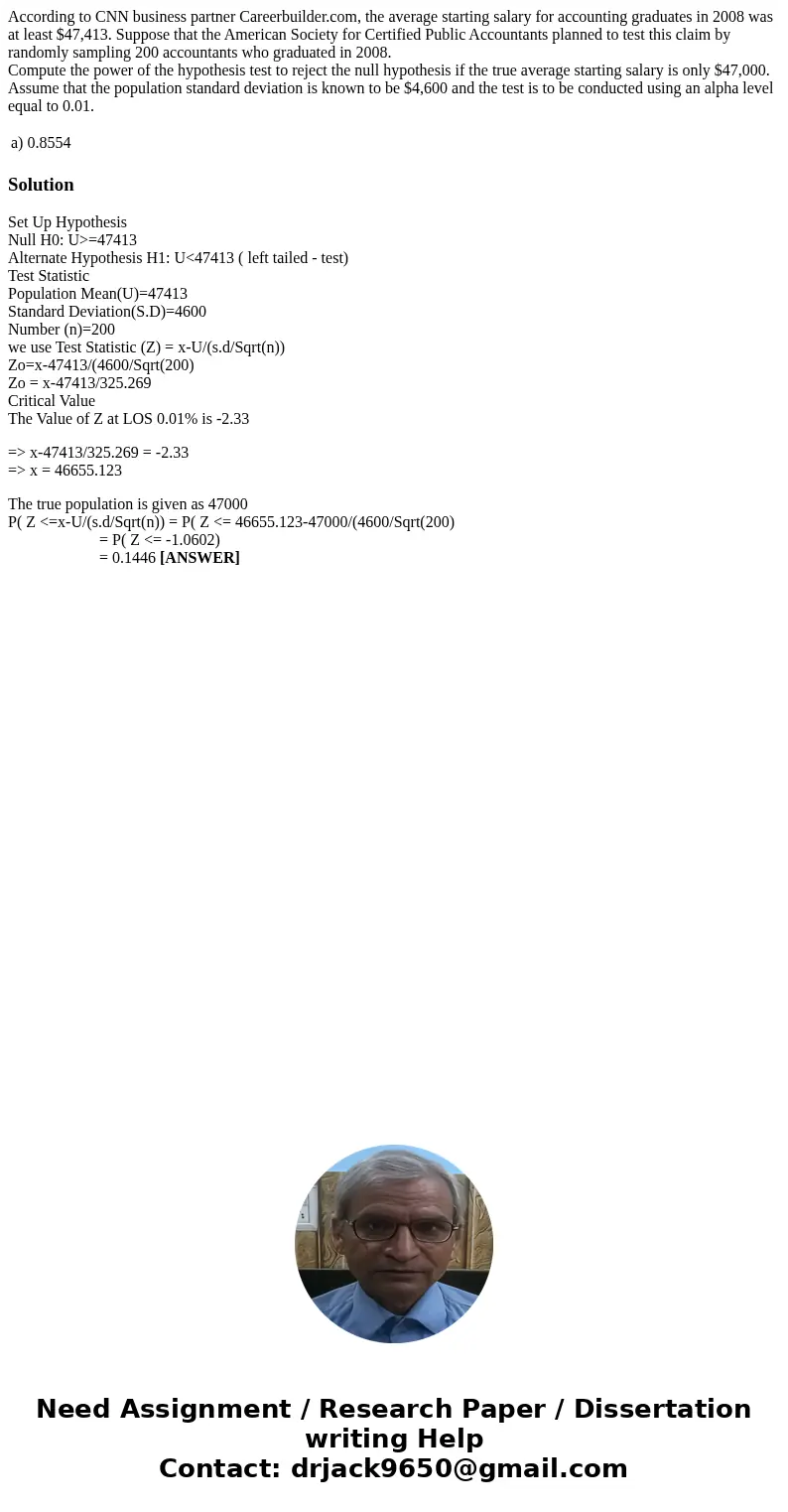 According to CNN business partner Careerbuilder.com, the average starting salary for accounting graduates in 2008 was at least $47,413. Suppose that the America According to CNN business partner Careerbuilder.com, the average starting salary for accounting graduates in 2008 was at least $47,413. Suppose that the America