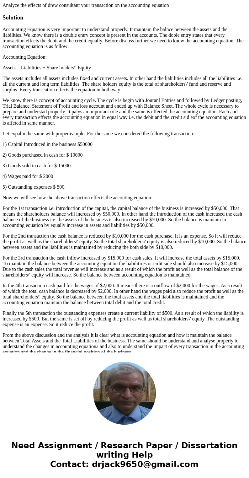 Analyze the effects of drew consultant your transaction on the accounting equationSolutionAccounting Equation is very important to understand properly. It maint Analyze the effects of drew consultant your transaction on the accounting equationSolutionAccounting Equation is very important to understand properly. It maint
