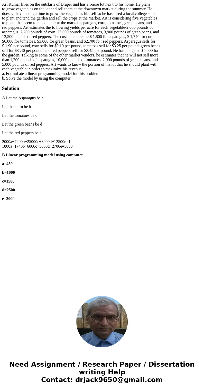 Art Kumar lives on the outskirts of Draper and has a I-acre lot nex t to his home. He plans to grow vegetables on the lot and sell them at the downtown market d Art Kumar lives on the outskirts of Draper and has a I-acre lot nex t to his home. He plans to grow vegetables on the lot and sell them at the downtown market d