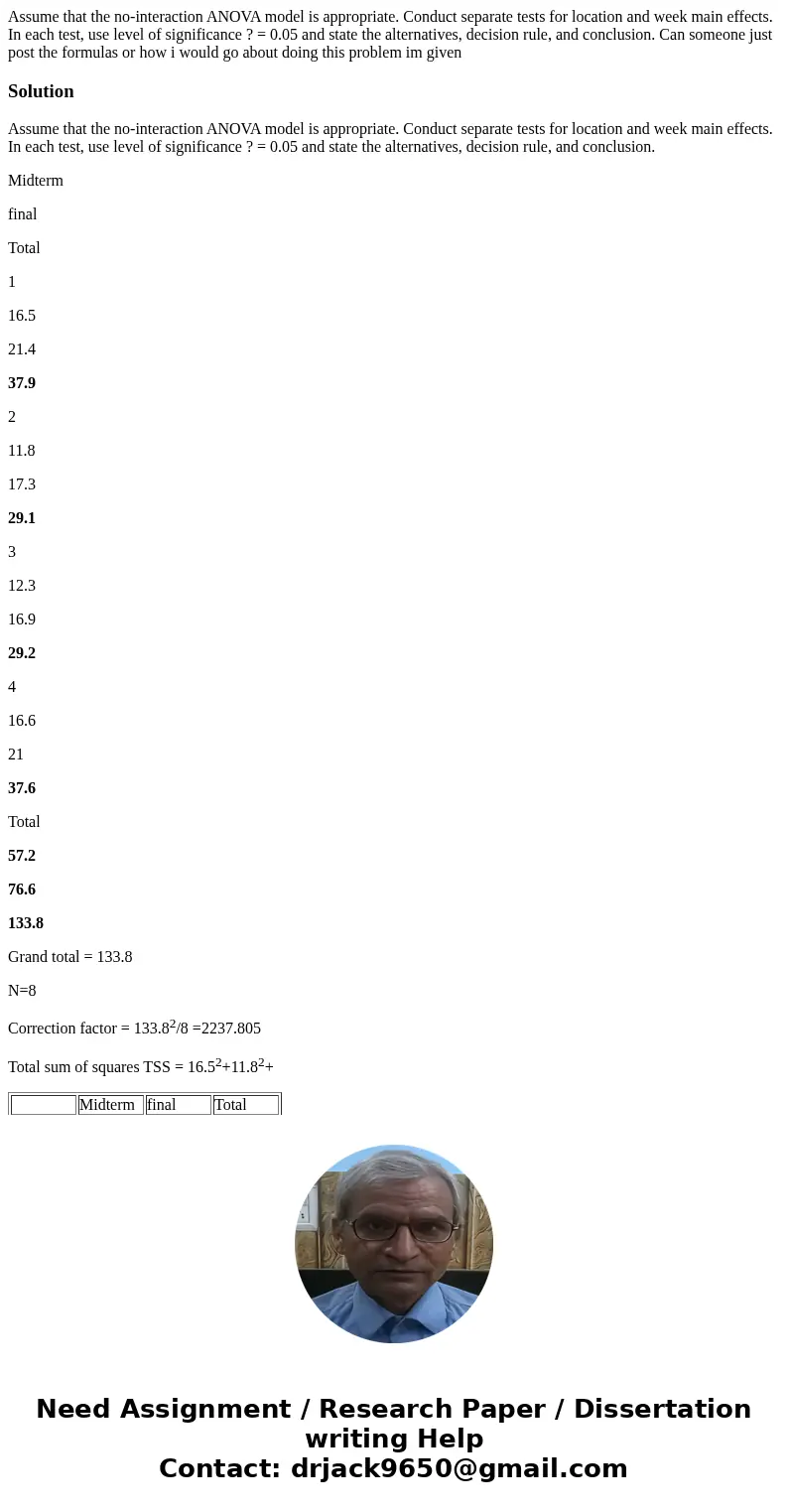 Assume that the no-interaction ANOVA model is appropriate. Conduct separate tests for location and week main effects. In each test, use level of significance ?  Assume that the no-interaction ANOVA model is appropriate. Conduct separate tests for location and week main effects. In each test, use level of significance ?