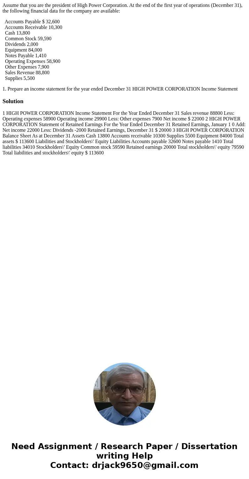 Assume that you are the president of High Power Corporation. At the end of the first year of operations (December 31), the following financial data for the comp Assume that you are the president of High Power Corporation. At the end of the first year of operations (December 31), the following financial data for the comp