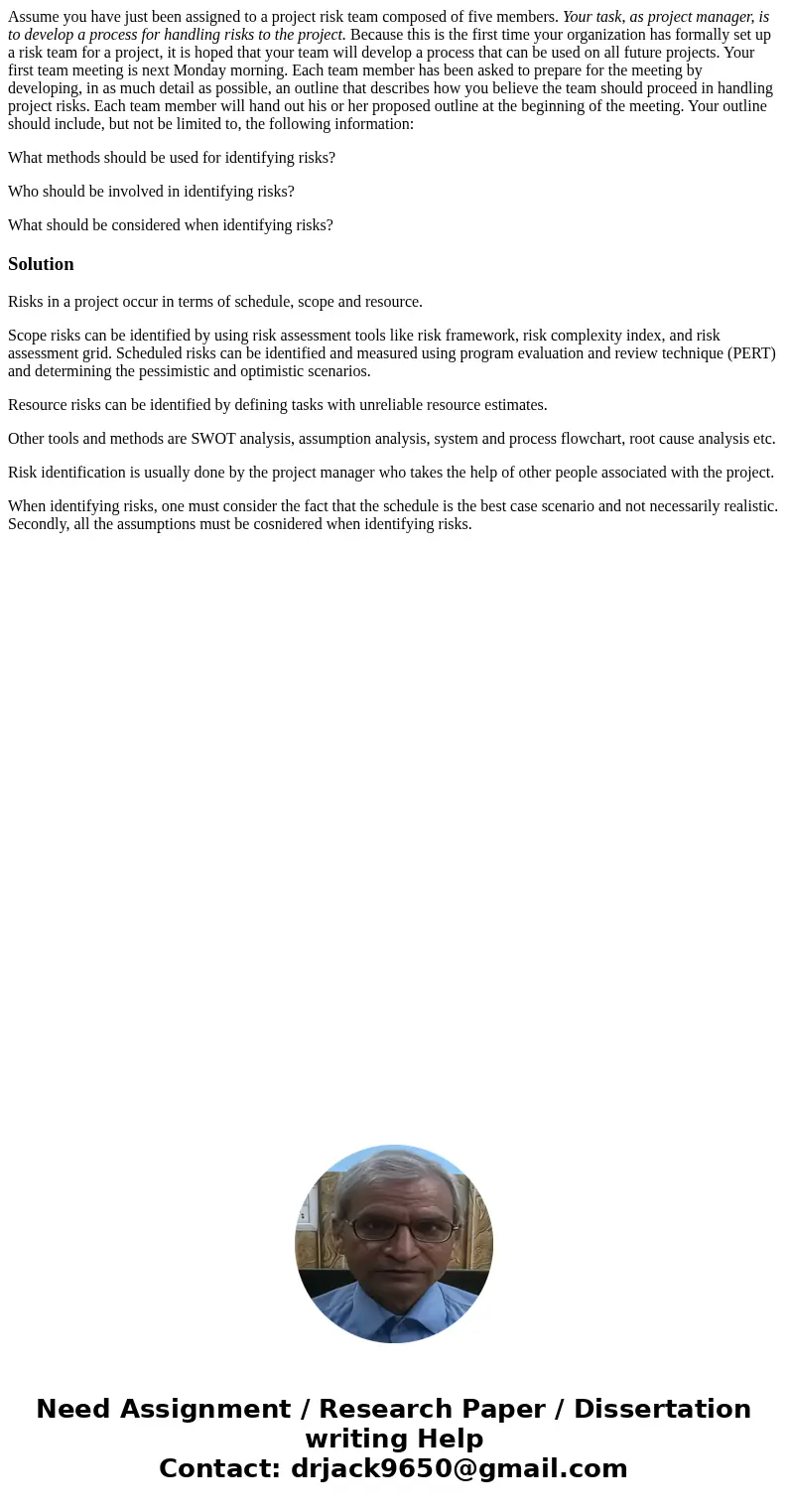 Assume you have just been assigned to a project risk team composed of five members. Your task, as project manager, is to develop a process for handling risks to Assume you have just been assigned to a project risk team composed of five members. Your task, as project manager, is to develop a process for handling risks to