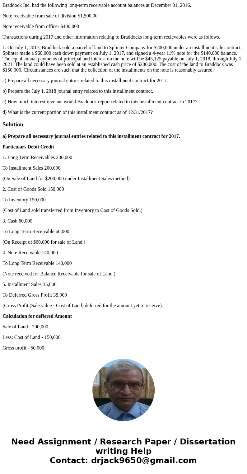 Braddock Inc. had the following long-term receivable account balances at December 31, 2016. Note receivable from sale of division $1,500,00 Note receivable from Braddock Inc. had the following long-term receivable account balances at December 31, 2016. Note receivable from sale of division $1,500,00 Note receivable from