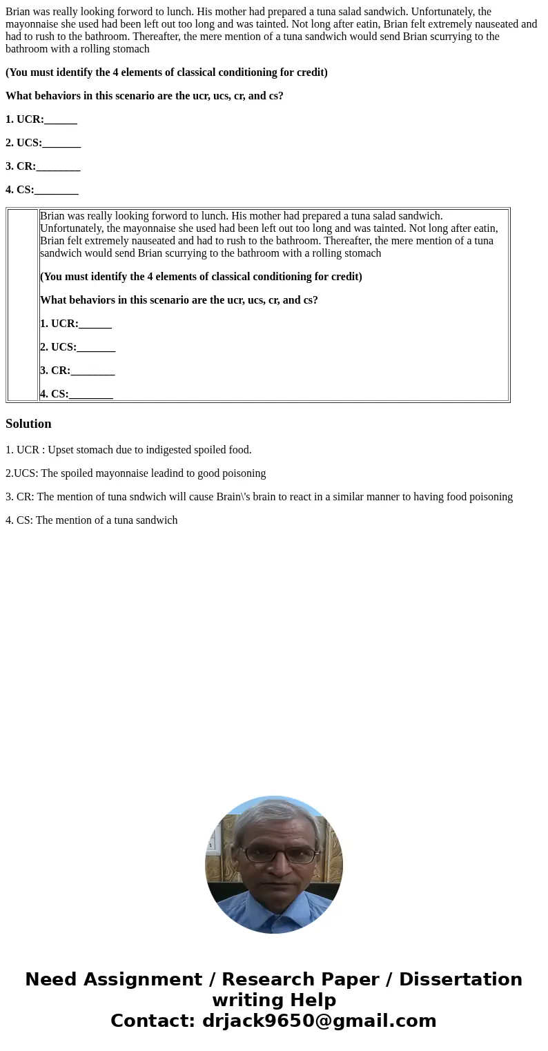 Brian was really looking forword to lunch. His mother had prepared a tuna salad sandwich. Unfortunately, the mayonnaise she used had been left out too long and  Brian was really looking forword to lunch. His mother had prepared a tuna salad sandwich. Unfortunately, the mayonnaise she used had been left out too long and
