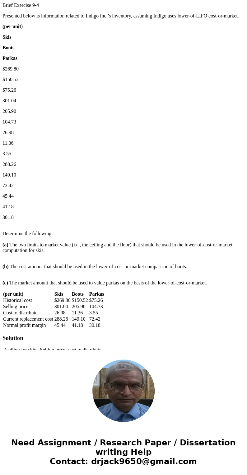 Brief Exercise 9-4 Presented below is information related to Indigo Inc.’s inventory, assuming Indigo uses lower-of-LIFO cost-or-market. (per unit) Skis Boots P Brief Exercise 9-4 Presented below is information related to Indigo Inc.’s inventory, assuming Indigo uses lower-of-LIFO cost-or-market. (per unit) Skis Boots P