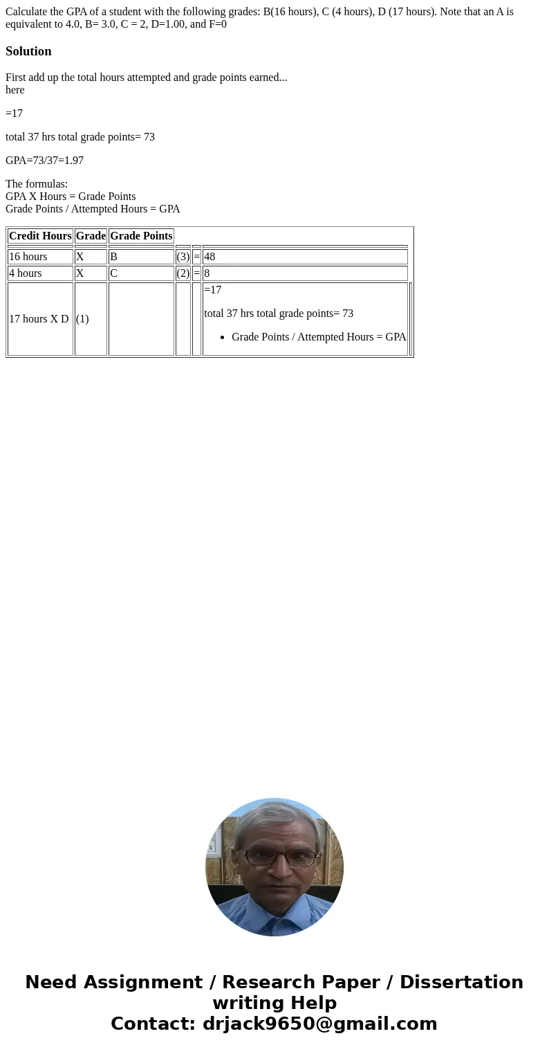 Calculate the GPA of a student with the following grades: B(16 hours), C (4 hours), D (17 hours). Note that an A is equivalent to 4.0, B= 3.0, C = 2, D=1.00, an