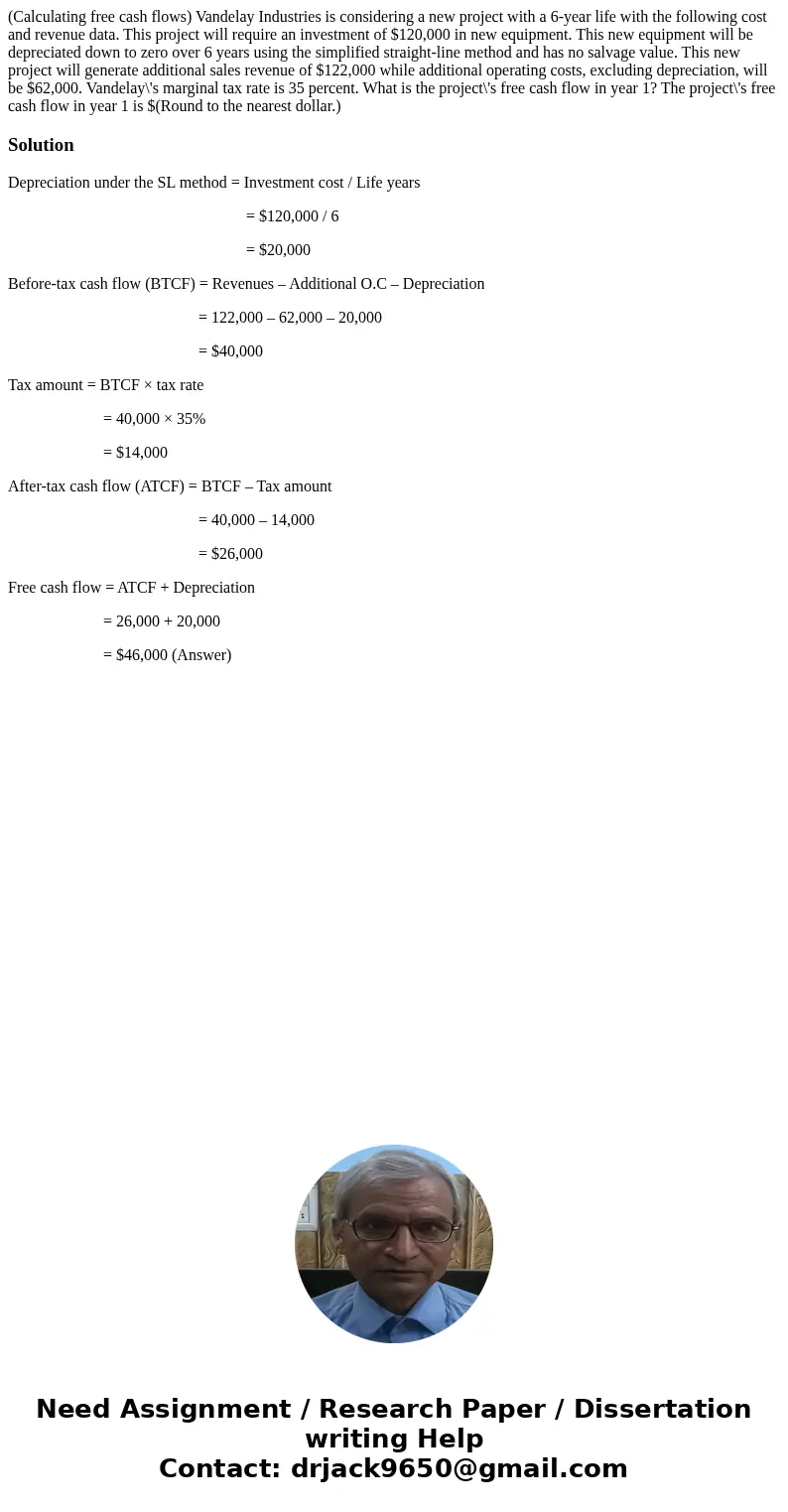  (Calculating free cash flows) Vandelay Industries is considering a new project with a 6-year life with the following cost and revenue data. This project will r