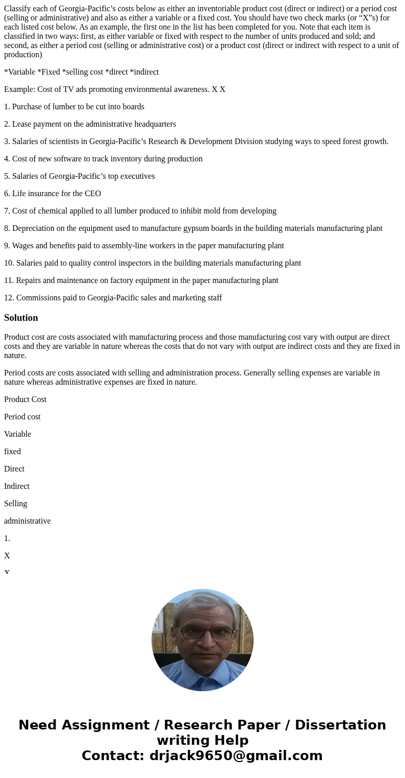 Classify each of Georgia-Pacific’s costs below as either an inventoriable product cost (direct or indirect) or a period cost (selling or administrative) and als