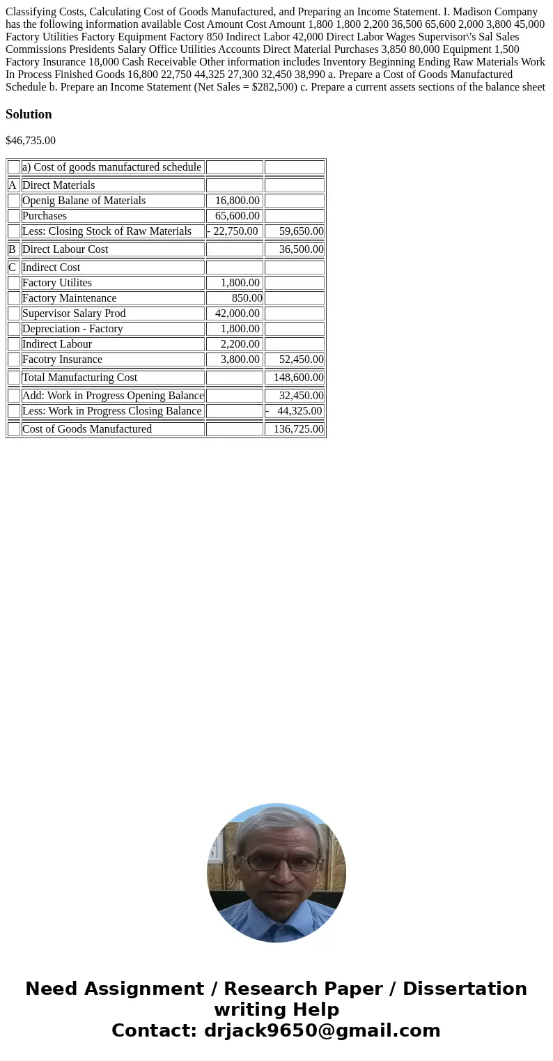 Classifying Costs, Calculating Cost of Goods Manufactured, and Preparing an Income Statement. I. Madison Company has the following information available Cost A  Classifying Costs, Calculating Cost of Goods Manufactured, and Preparing an Income Statement. I. Madison Company has the following information available Cost A