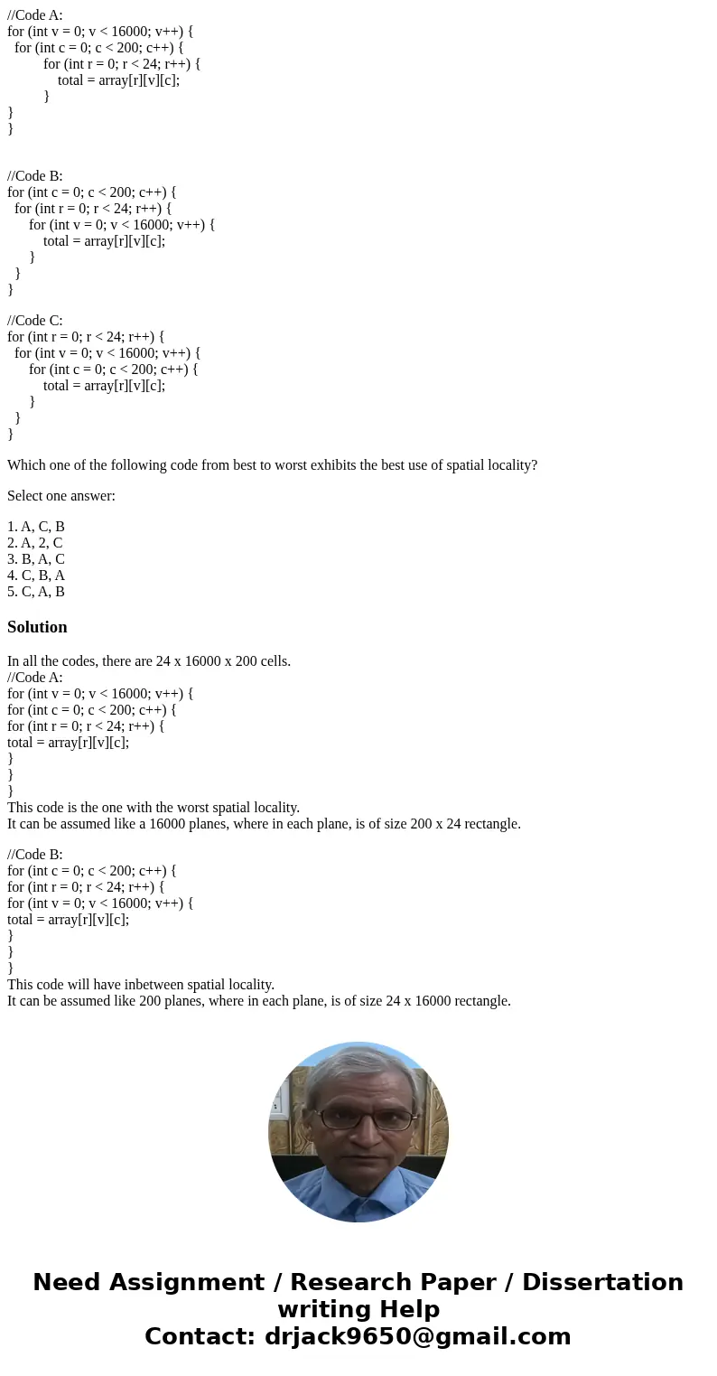 //Code A: for (int v = 0; v < 16000; v++) { for (int c = 0; c < 200; c++) { for (int r = 0; r < 24; r++) { total = array[r][v][c]; } } } //Code B: for 