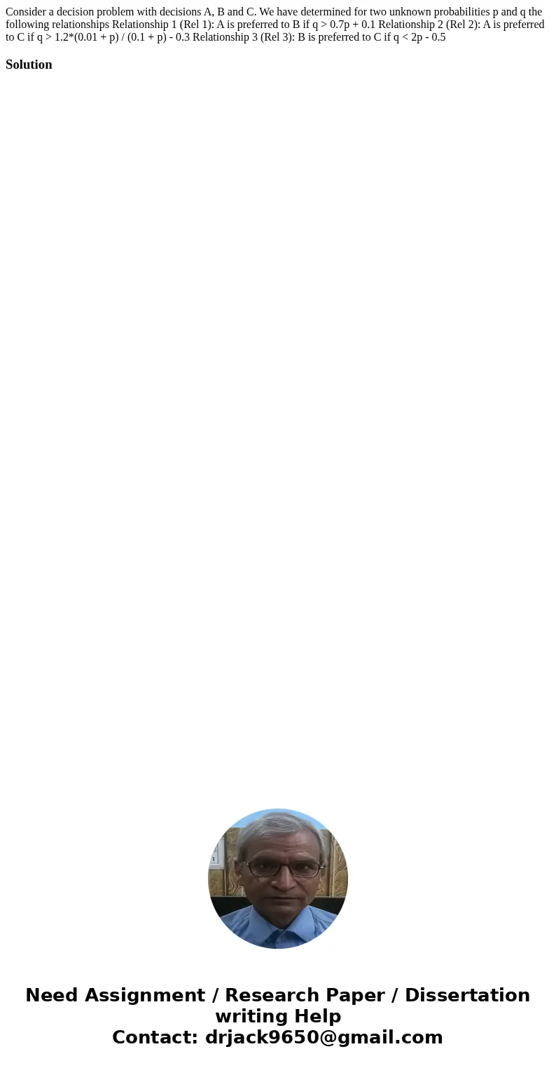 Consider a decision problem with decisions A, B and C. We have determined for two unknown probabilities p and q the following relationships Relationship 1 (Rel  Consider a decision problem with decisions A, B and C. We have determined for two unknown probabilities p and q the following relationships Relationship 1 (Rel