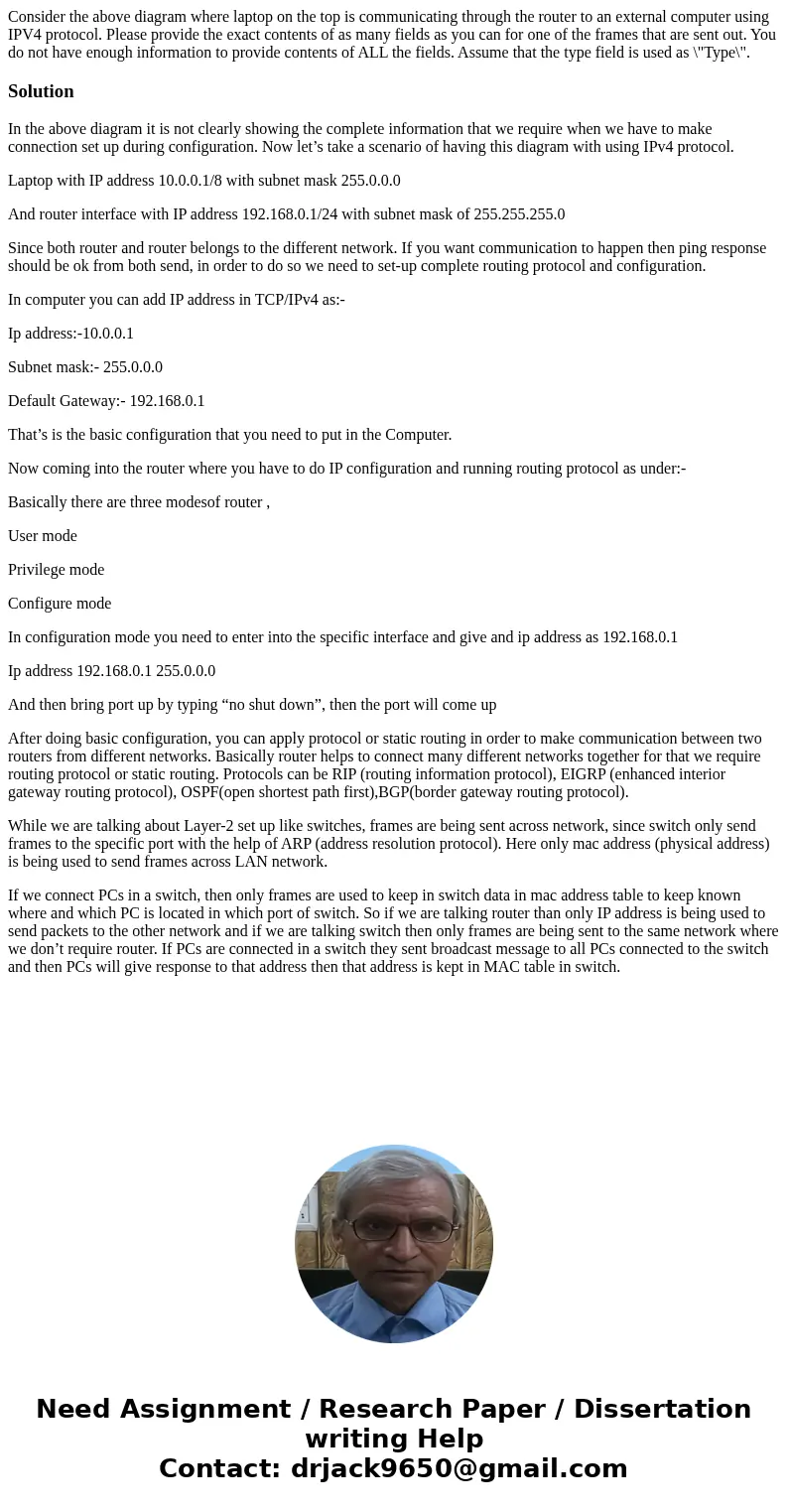 Consider the above diagram where laptop on the top is communicating through the router to an external computer using IPV4 protocol. Please provide the exact co  Consider the above diagram where laptop on the top is communicating through the router to an external computer using IPV4 protocol. Please provide the exact co