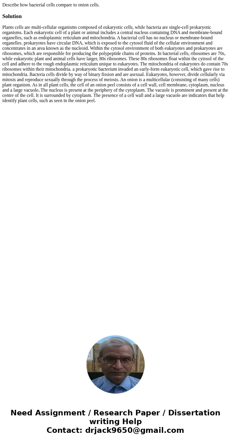 Describe how bacterial cells compare to onion cells.SolutionPlants cells are multi-cellular organisms composed of eukaryotic cells, while bacteria are single-ce Describe how bacterial cells compare to onion cells.SolutionPlants cells are multi-cellular organisms composed of eukaryotic cells, while bacteria are single-ce