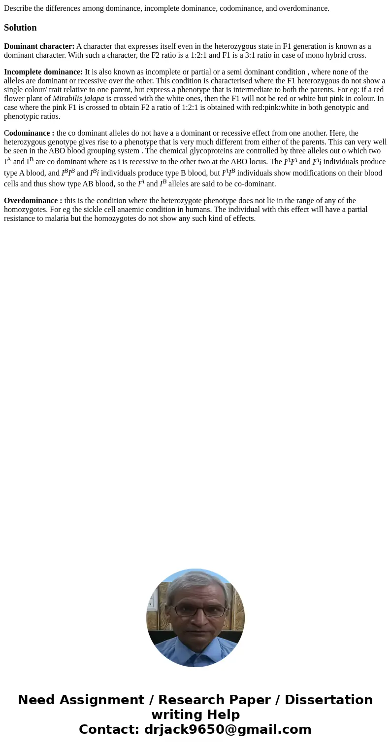 Describe the differences among dominance, incomplete dominance, codominance, and overdominance.SolutionDominant character: A character that expresses itself eve Describe the differences among dominance, incomplete dominance, codominance, and overdominance.SolutionDominant character: A character that expresses itself eve