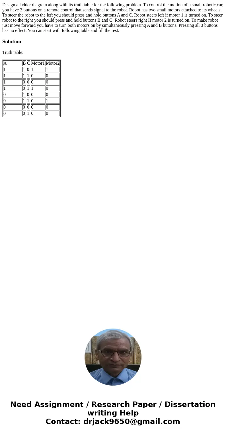 Design a ladder diagram along with its truth table for the following problem. To control the motion of a small robotic car, you have 3 buttons on a remote cont  Design a ladder diagram along with its truth table for the following problem. To control the motion of a small robotic car, you have 3 buttons on a remote cont