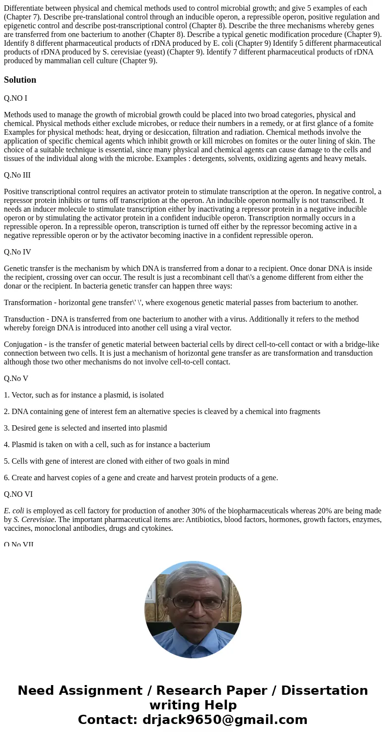 Differentiate between physical and chemical methods used to control microbial growth; and give 5 examples of each (Chapter 7). Describe pre-translational contr  Differentiate between physical and chemical methods used to control microbial growth; and give 5 examples of each (Chapter 7). Describe pre-translational contr