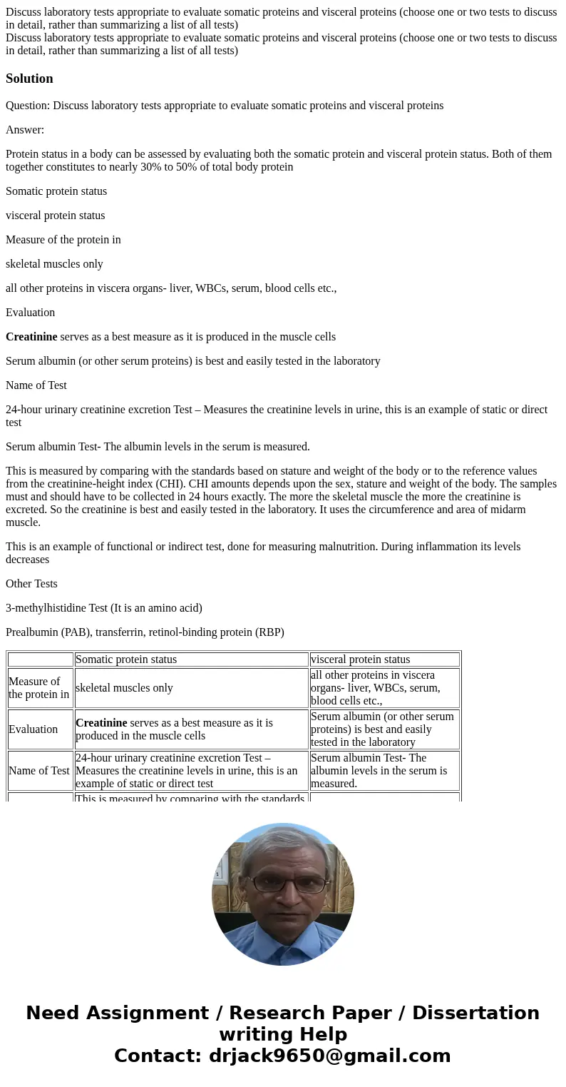 Discuss laboratory tests appropriate to evaluate somatic proteins and visceral proteins (choose one or two tests to discuss in detail, rather than summarizing   Discuss laboratory tests appropriate to evaluate somatic proteins and visceral proteins (choose one or two tests to discuss in detail, rather than summarizing