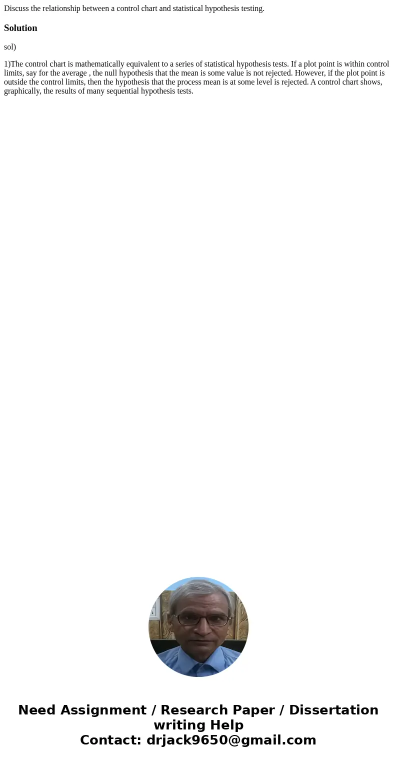 Discuss the relationship between a control chart and statistical hypothesis testing.Solutionsol) 1)The control chart is mathematically equivalent to a series o  Discuss the relationship between a control chart and statistical hypothesis testing.Solutionsol) 1)The control chart is mathematically equivalent to a series o