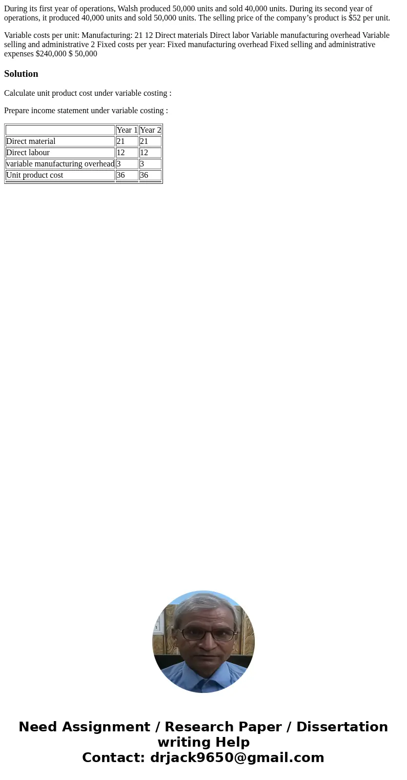 During its first year of operations, Walsh produced 50,000 units and sold 40,000 units. During its second year of operations, it produced 40,000 units and sold  During its first year of operations, Walsh produced 50,000 units and sold 40,000 units. During its second year of operations, it produced 40,000 units and sold