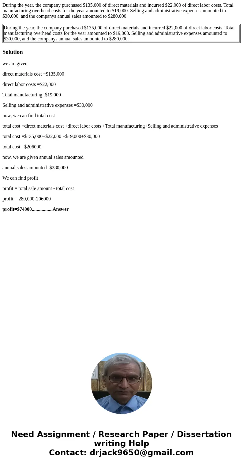 During the year, the company purchased $135,000 of direct materials and incurred $22,000 of direct labor costs. Total manufacturing overhead costs for the year  During the year, the company purchased $135,000 of direct materials and incurred $22,000 of direct labor costs. Total manufacturing overhead costs for the year