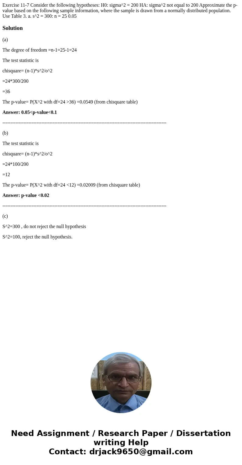 Exercise 11-7 Consider the following hypotheses: H0: sigma^2 = 200 HA: sigma^2 not equal to 200 Approximate the p-value based on the following sample informati  Exercise 11-7 Consider the following hypotheses: H0: sigma^2 = 200 HA: sigma^2 not equal to 200 Approximate the p-value based on the following sample informati