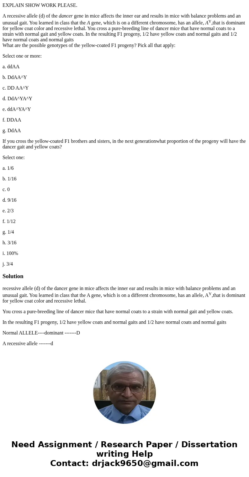EXPLAIN SHOW WORK PLEASE. A recessive allele (d) of the dancer gene in mice affects the inner ear and results in mice with balance problems and an unusual gait. EXPLAIN SHOW WORK PLEASE. A recessive allele (d) of the dancer gene in mice affects the inner ear and results in mice with balance problems and an unusual gait.
